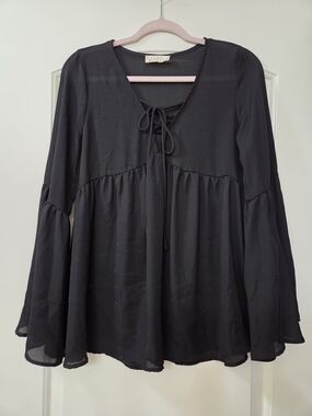 Black Tie-Neck Bell-Sleeve Blouse by